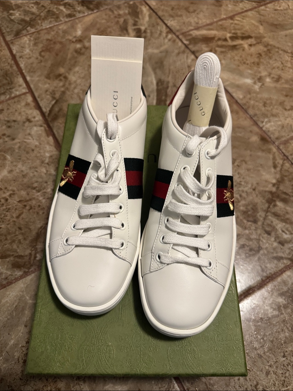 Gucci White Leather Low-Top Sneakers with Red & Green Web and Gold Bee